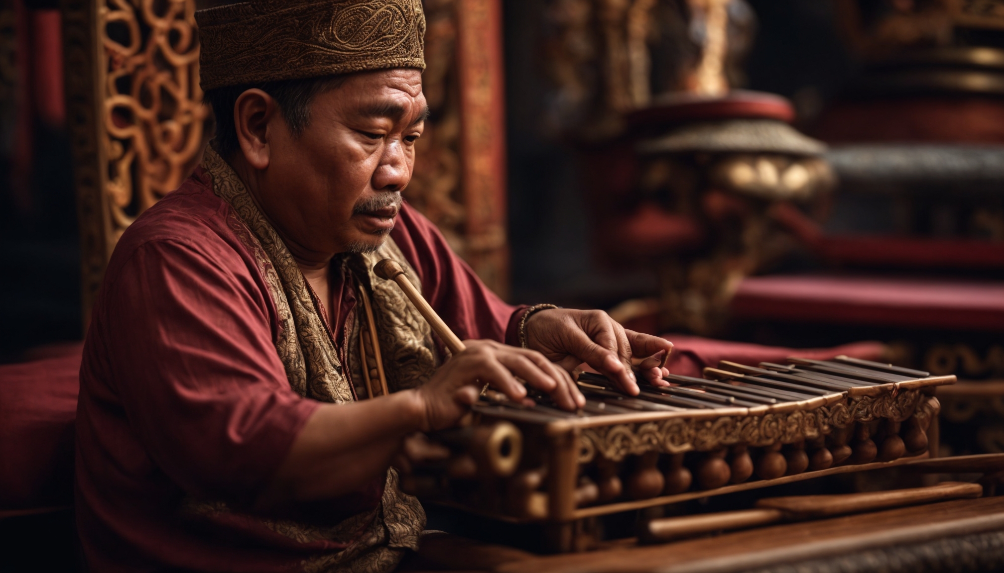 Seorang musisi pria Indonesia memainkan saron Gamelan dengan ekspresi fokus, menunjukkan keahlian dalam musik tradisional