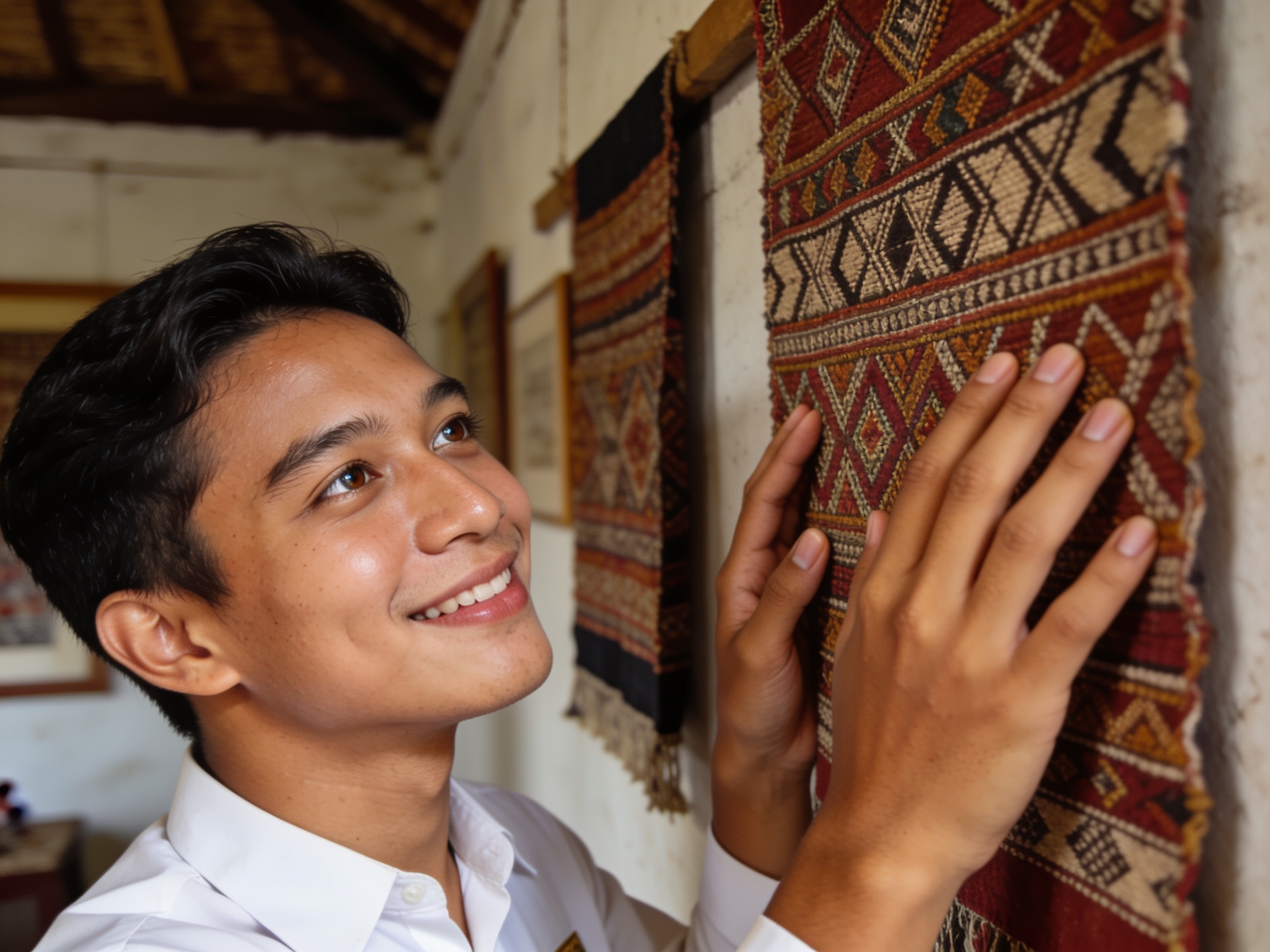 Kurator muda mengamati kain tenun tradisional di galeri