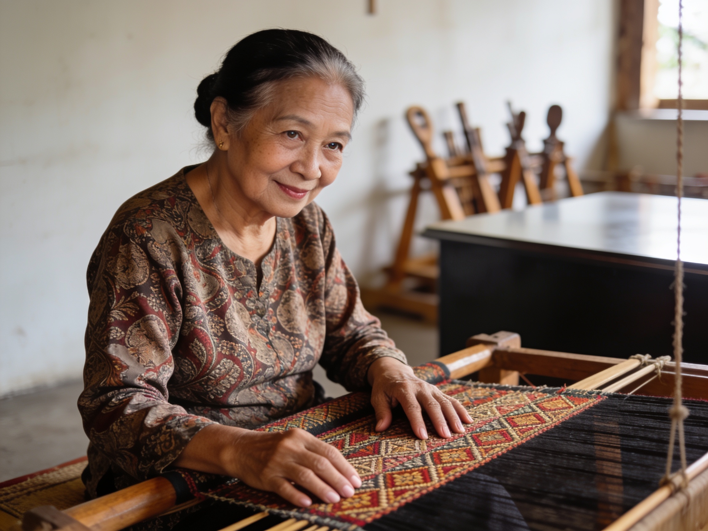 Perajin senior memeriksa detail motif tenun sebagai bagian dari upaya pelestarian seni tradisional Indonesia di studio keraji