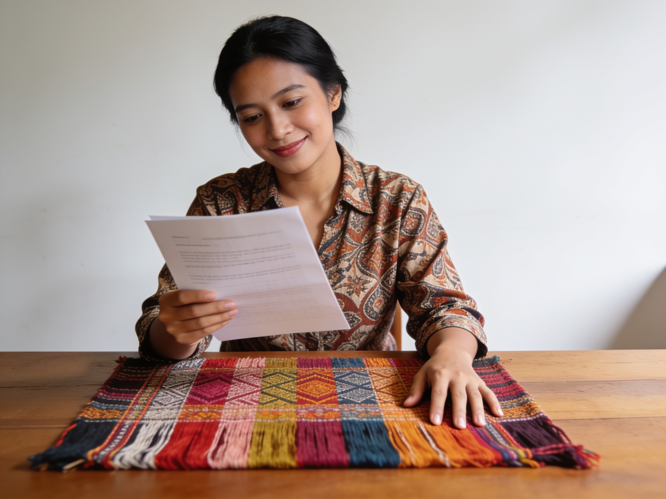 Perajin wanita Indonesia memeriksa kain tenun tradisional sebagai bentuk pelestarian warisan budaya lokal.